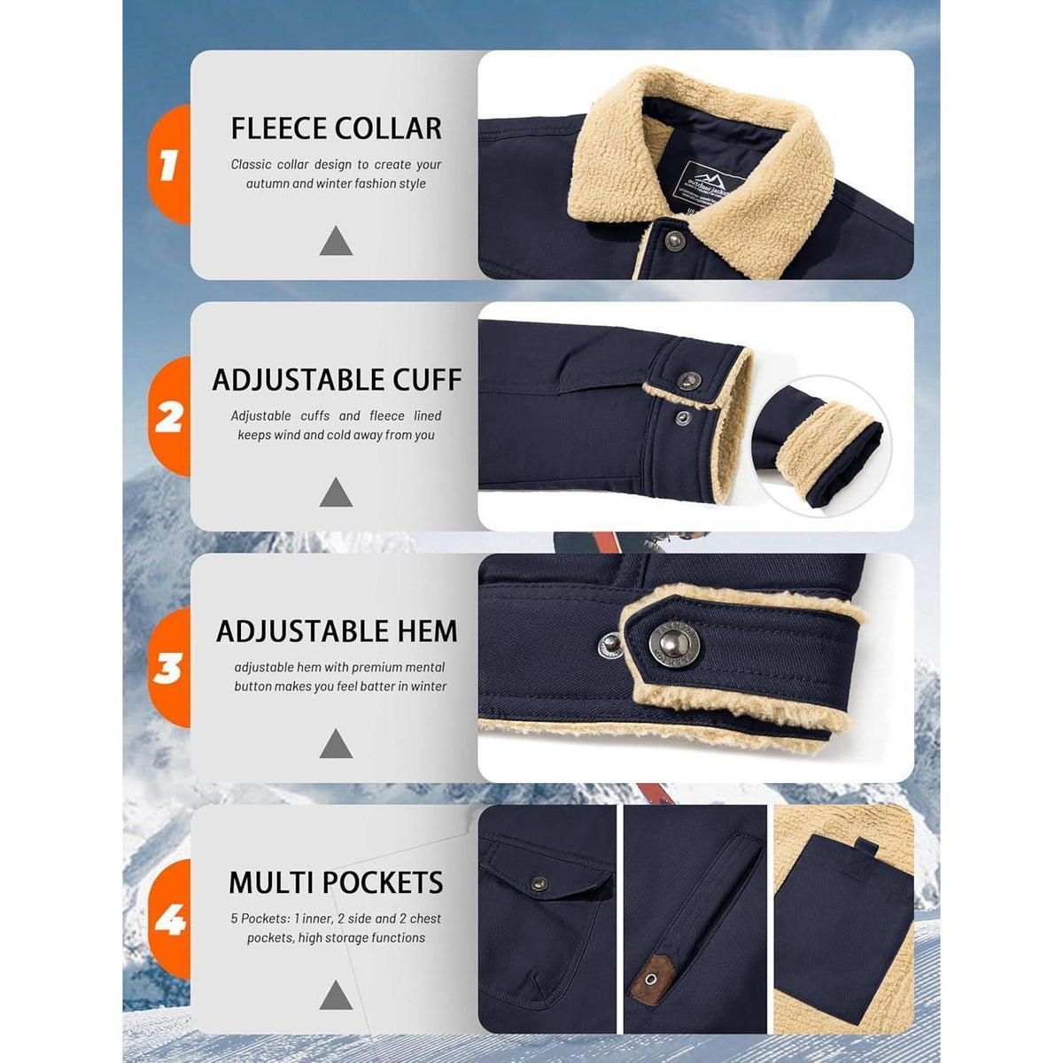 Herren Fleecejacke Winterparka mit 5 Taschen – Dunkelblau