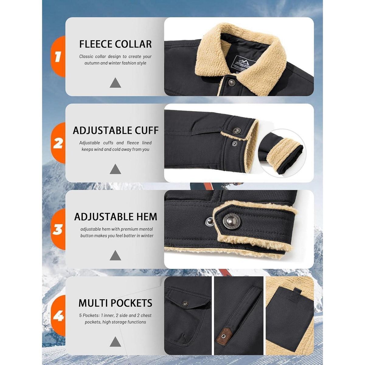 Herren Fleecejacke Winterparka Dunkelgrau mit 5 Taschen