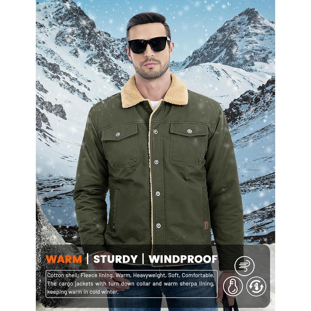 Herren Fleecejacke Winterparka mit 5 Taschen – Armeegrün