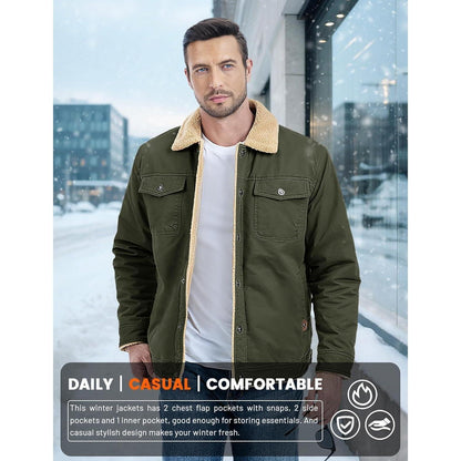 Herren Fleecejacke Winterparka mit 5 Taschen – Armeegrün