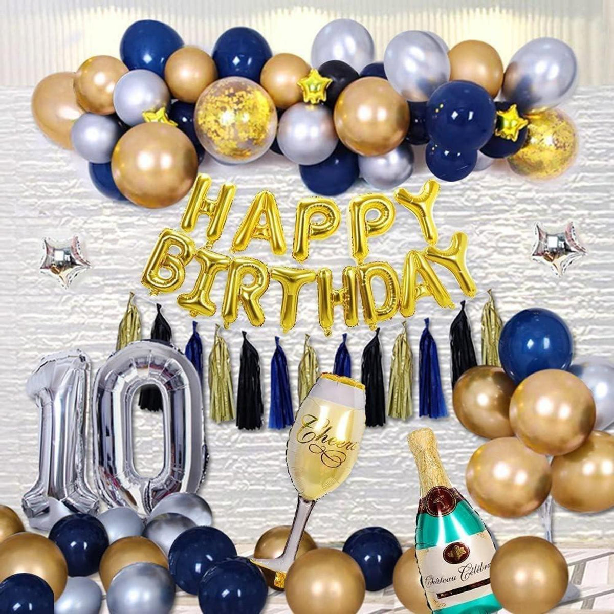 Geburtstagsdeko Marineblau Silber Gold Happy Birthday Ballon Lametta Hintergrund