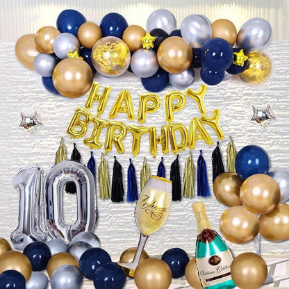 Geburtstagsdeko Marineblau Silber Gold Happy Birthday Ballon Lametta Hintergrund