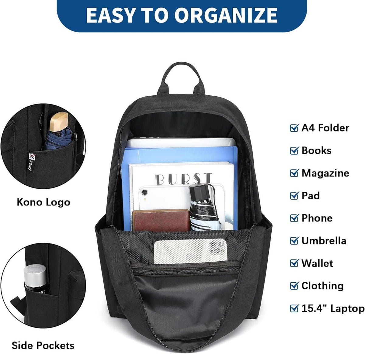 Schulrucksack College-Rucksack, leichte Schultasche für 15,4-Zoll-Laptop, Schwarz