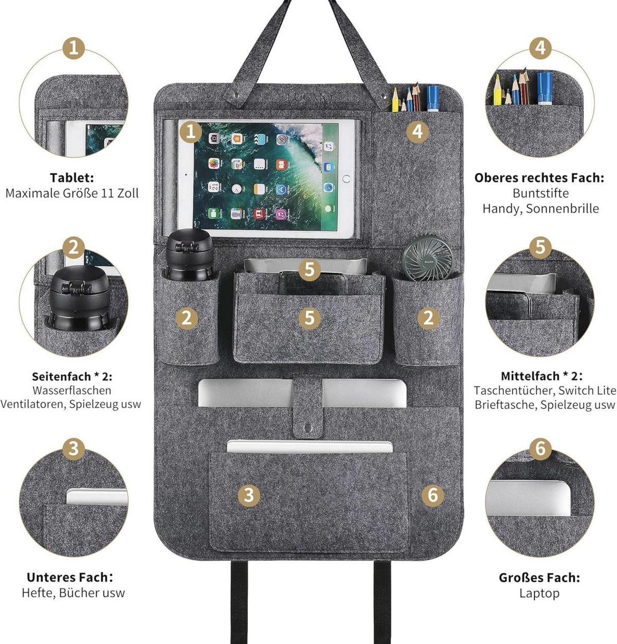 Auto Rückenlehnenschutz Organizer Tablet Aufbewahrung Grau