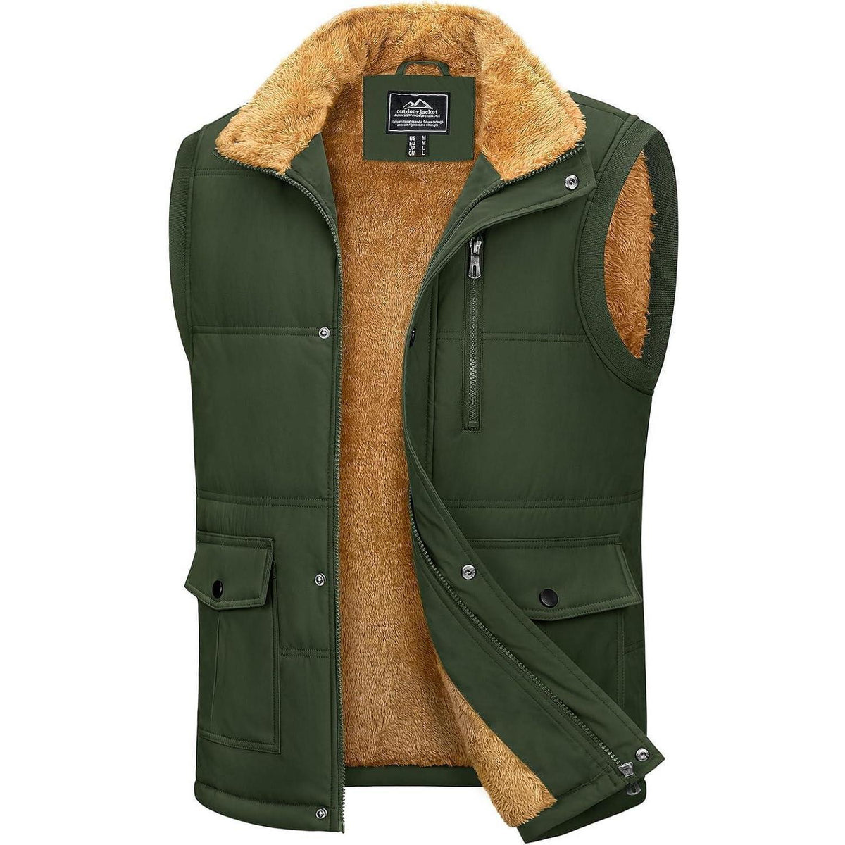 Gefütterte Fleeceweste Herren – Winterjacke Ärmellos, Mehr Taschen, Armeegrün