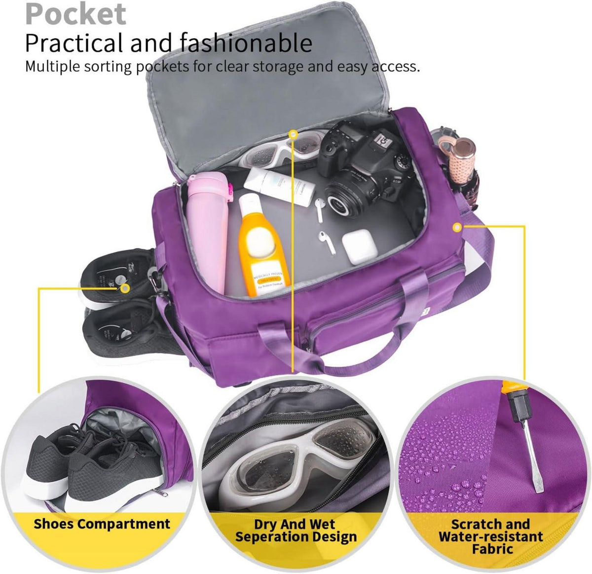 Sporttasche Damen 35L Faltbare Reisetasche mit Schuh- und