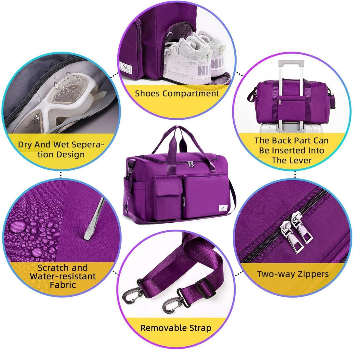 35L Damen Sporttasche Faltbare Reisetasche Weekender mit Schuh- und Nassfach Traubenpurpur