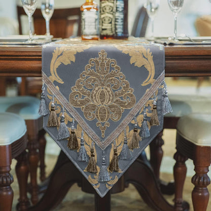 Tischläufer mit Quasten Grau Blau 33x274cm Jacquard