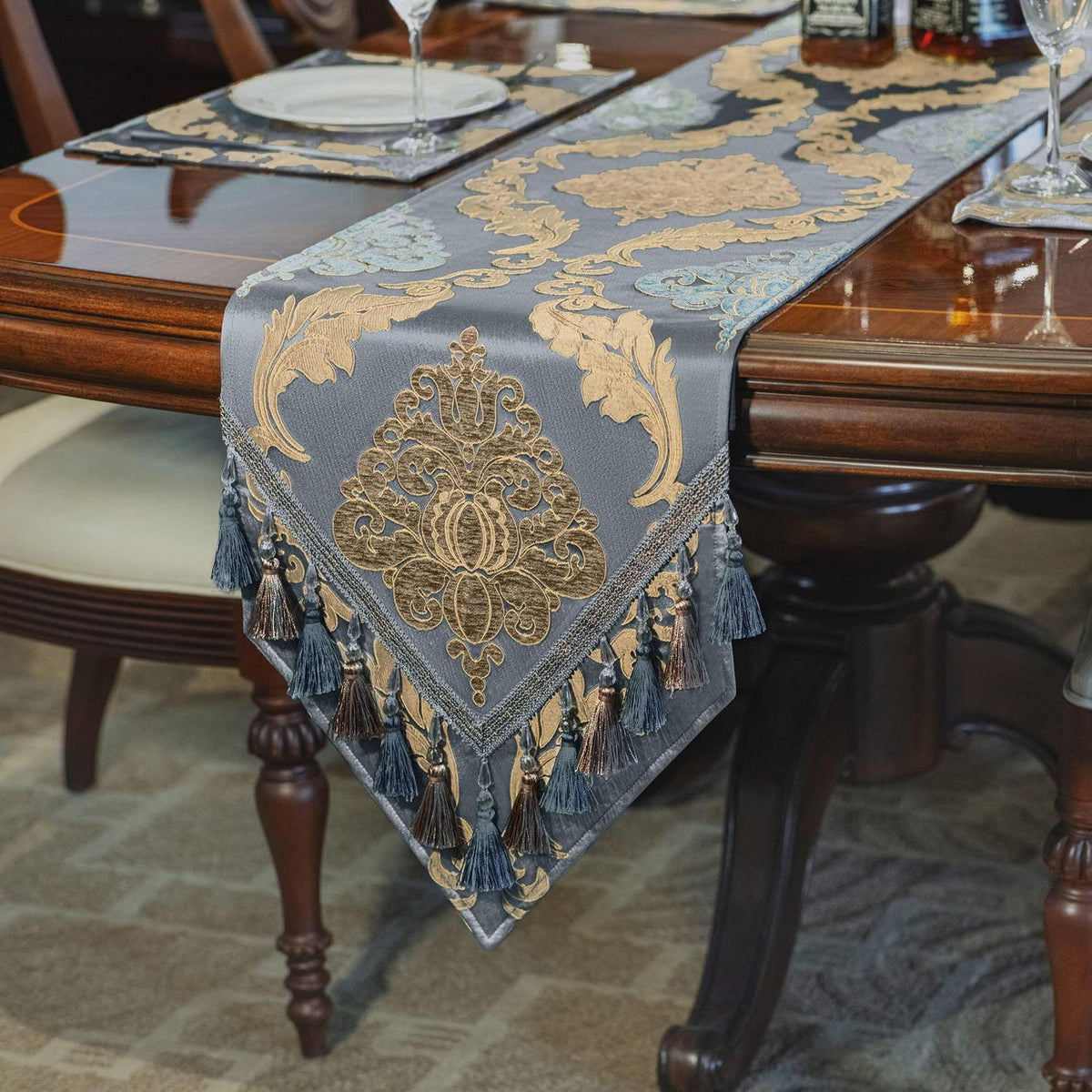Tischläufer mit Quasten Grau Blau 33x274cm Jacquard