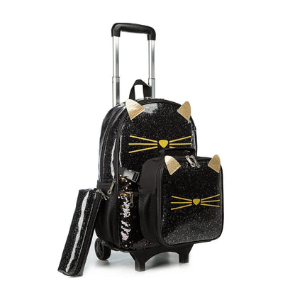 Mädchen Rollrucksack mit Rädern & Zubehör – Pailletten Katze 6-8 Jahre