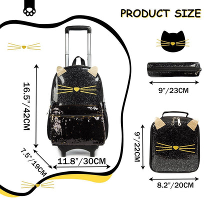 Mädchen Rollrucksack mit Rädern & Zubehör – Pailletten Katze 6-8 Jahre