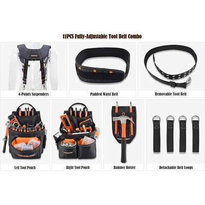 Herren Werkzeuggürtel mit Hosenträgern, 39 Taschen, gepolstert, Schwarz/Orange