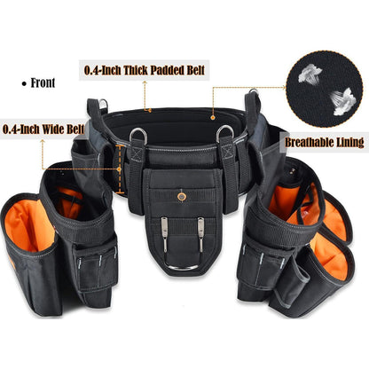 Herren Werkzeuggürtel mit Hosenträgern, 39 Taschen, gepolstert, Schwarz/Orange