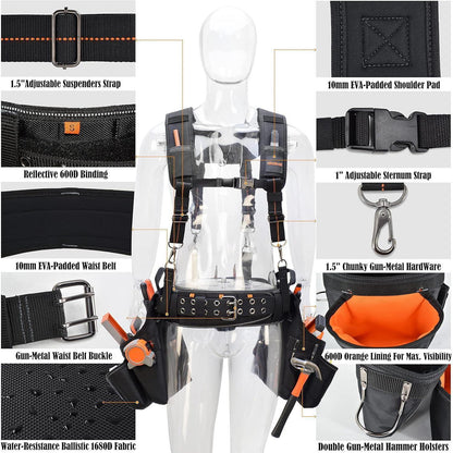 Herren Werkzeuggürtel mit Hosenträgern, 39 Taschen, gepolstert, Schwarz/Orange