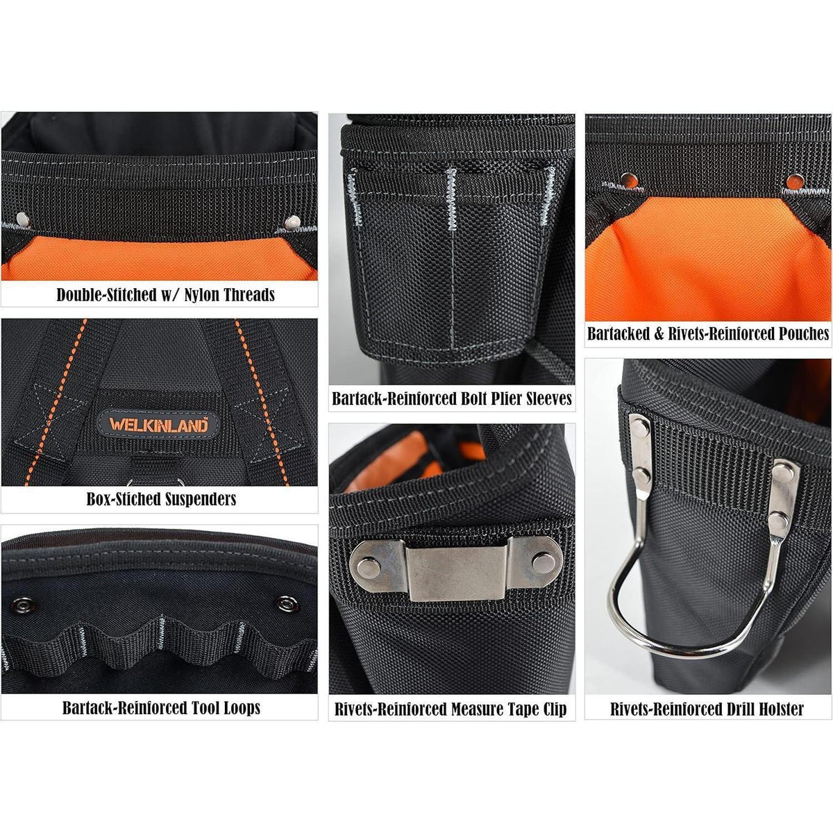 Herren Werkzeuggürtel mit Hosenträgern, 39 Taschen, gepolstert, Schwarz/Orange