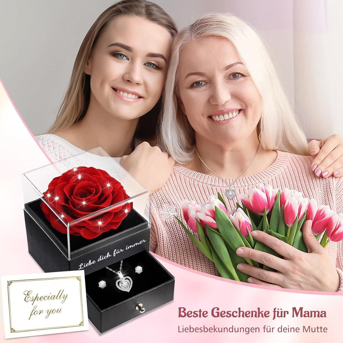 Konservierte Rose mit Herz-Halskette & Ohrringen, Rot
