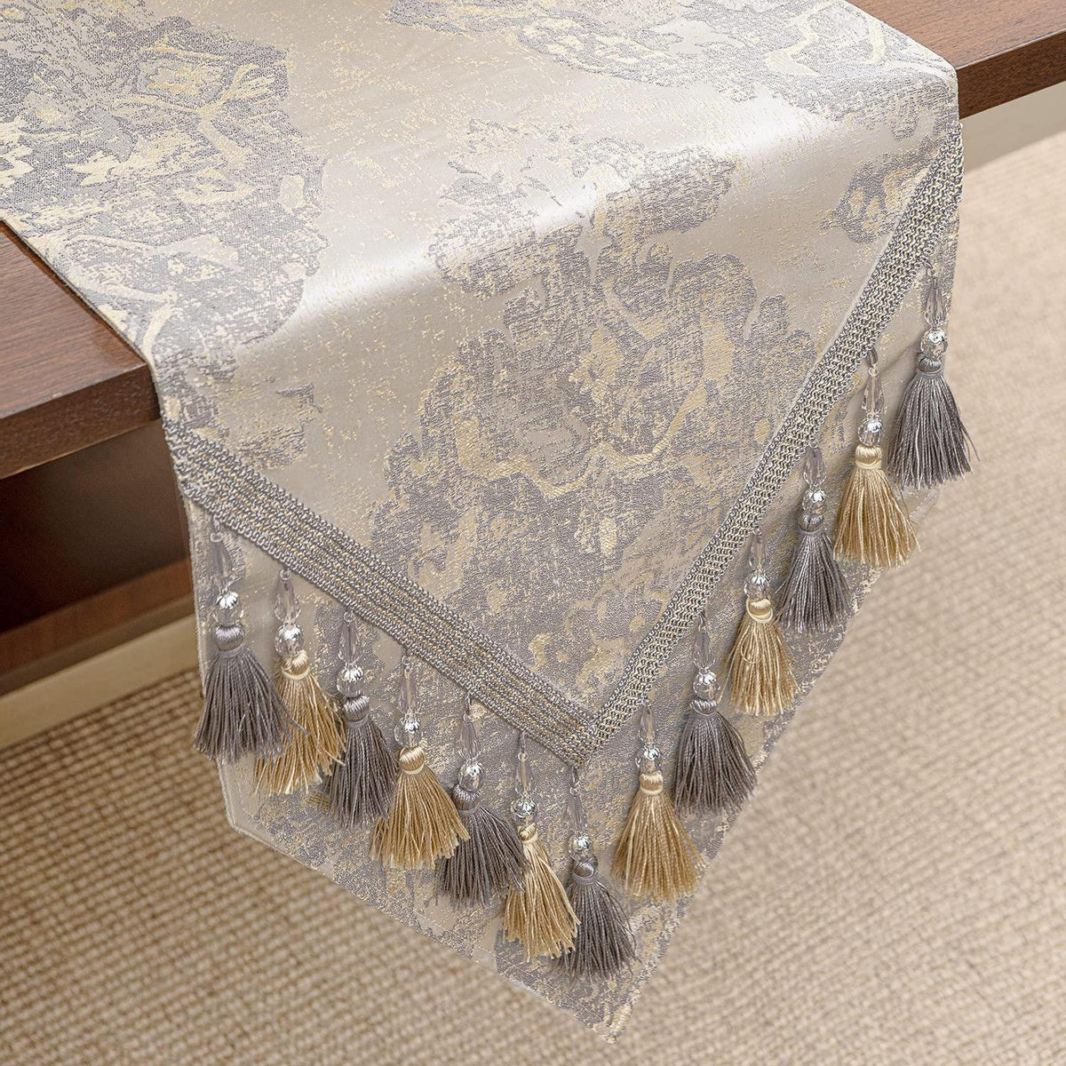 Tischläufer mit Quasten, Beige, 33x180cm – Jacquard Tischdeko