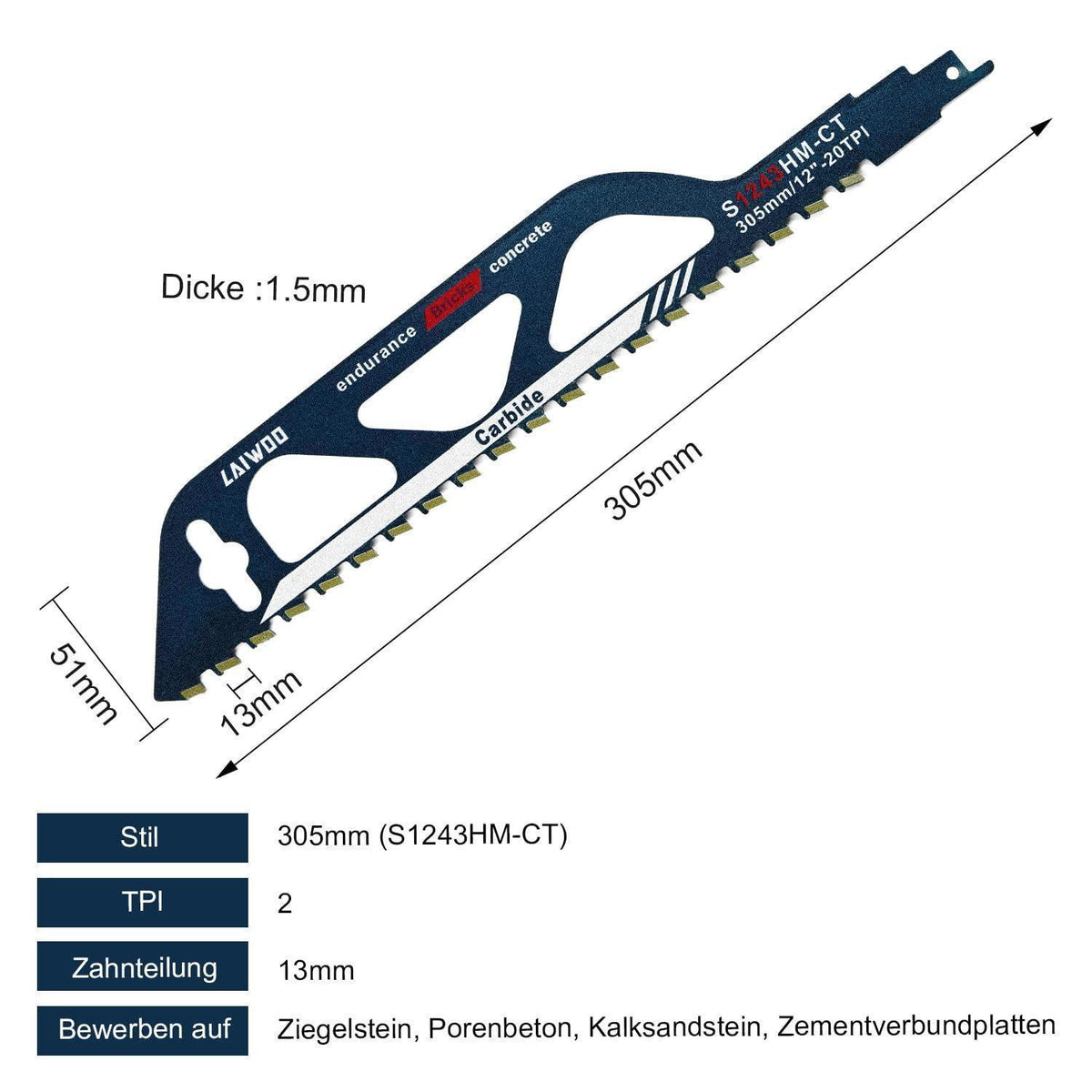 2x Säbelsägeblätter Hartmetall für Porenbeton & Stein 305mm