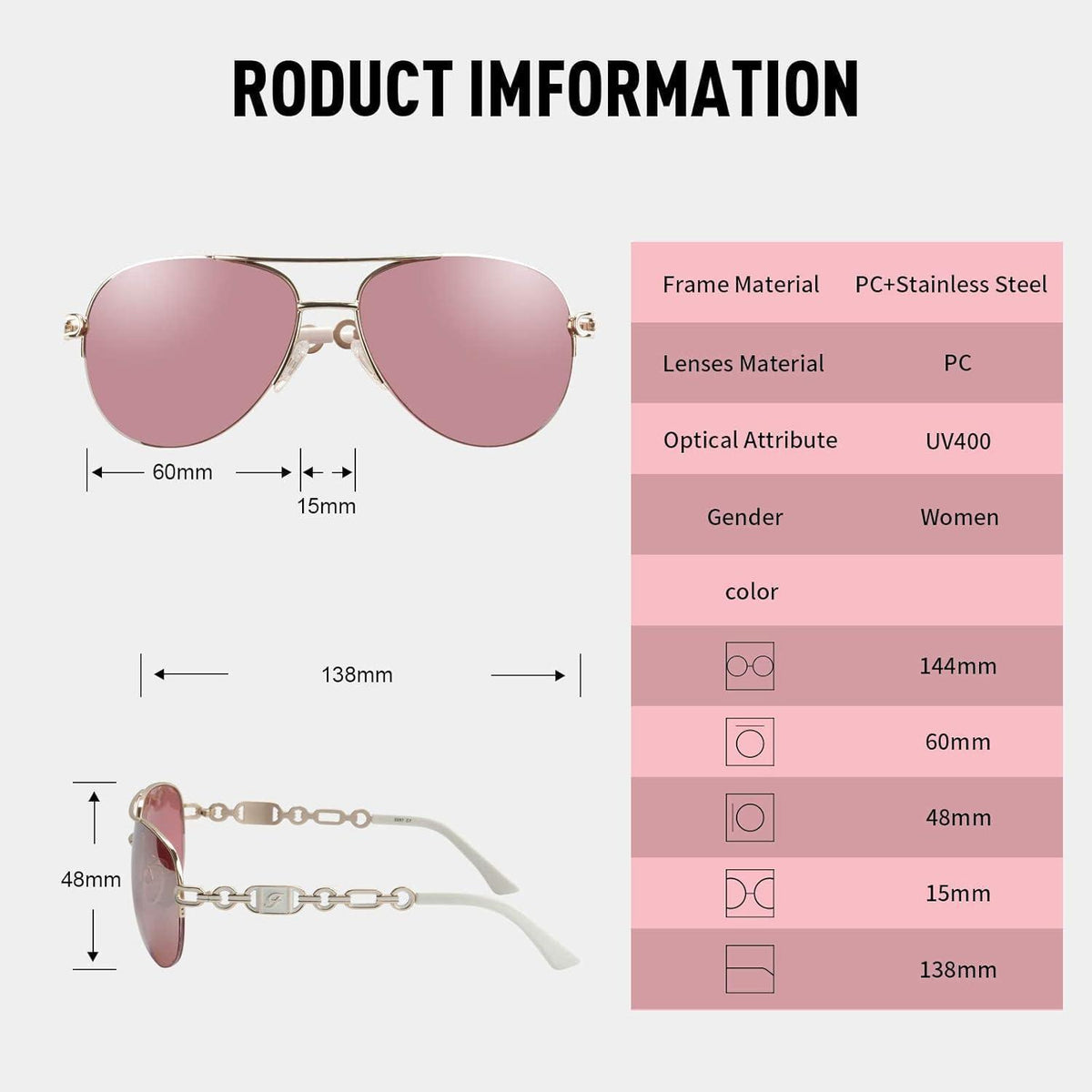 Verspiegelte Piloten Sonnenbrille Damen UV400 Gold Pink