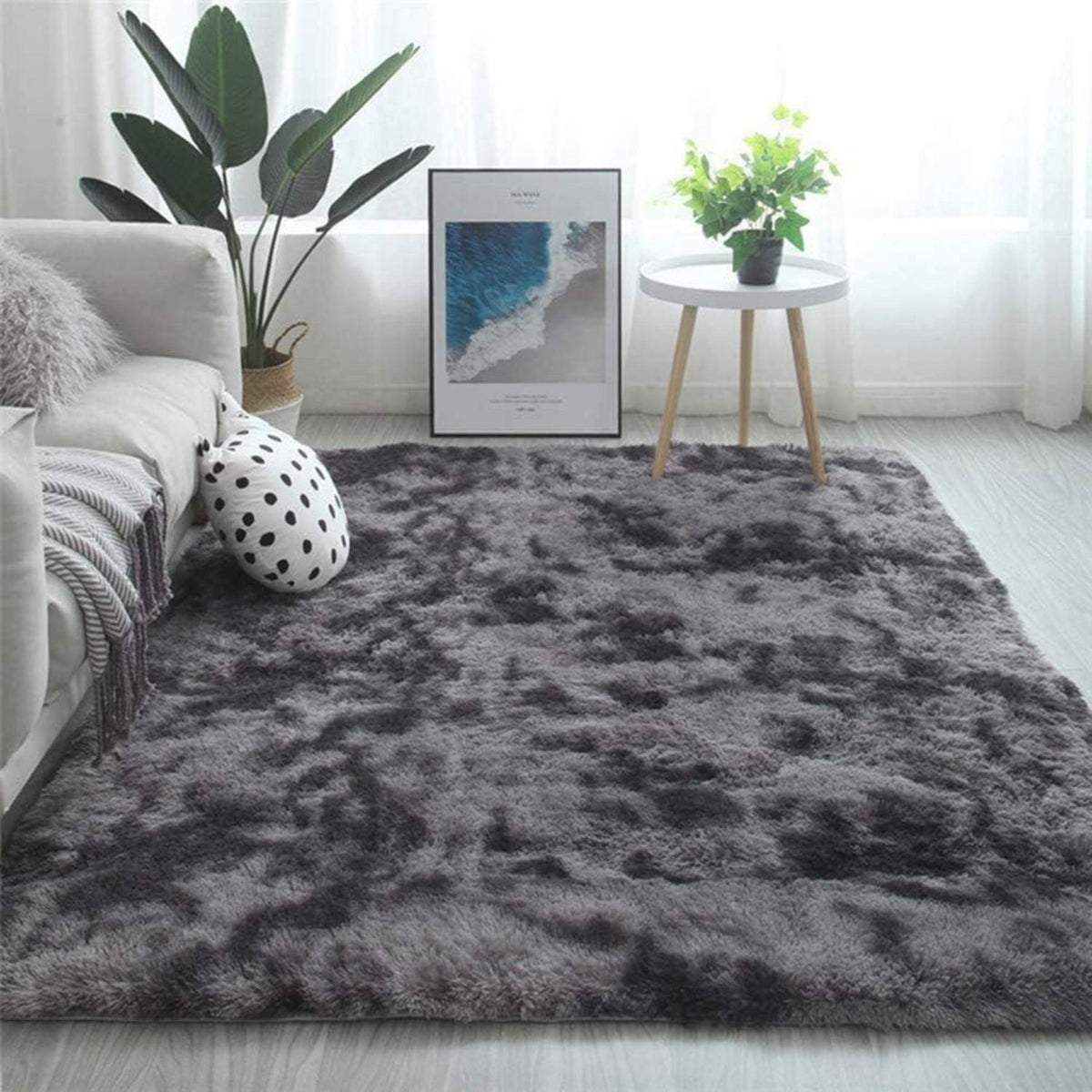 Flauschiger Teppich Rund Modern Hochflor Rutschfest Grau Schwarz 200x300cm