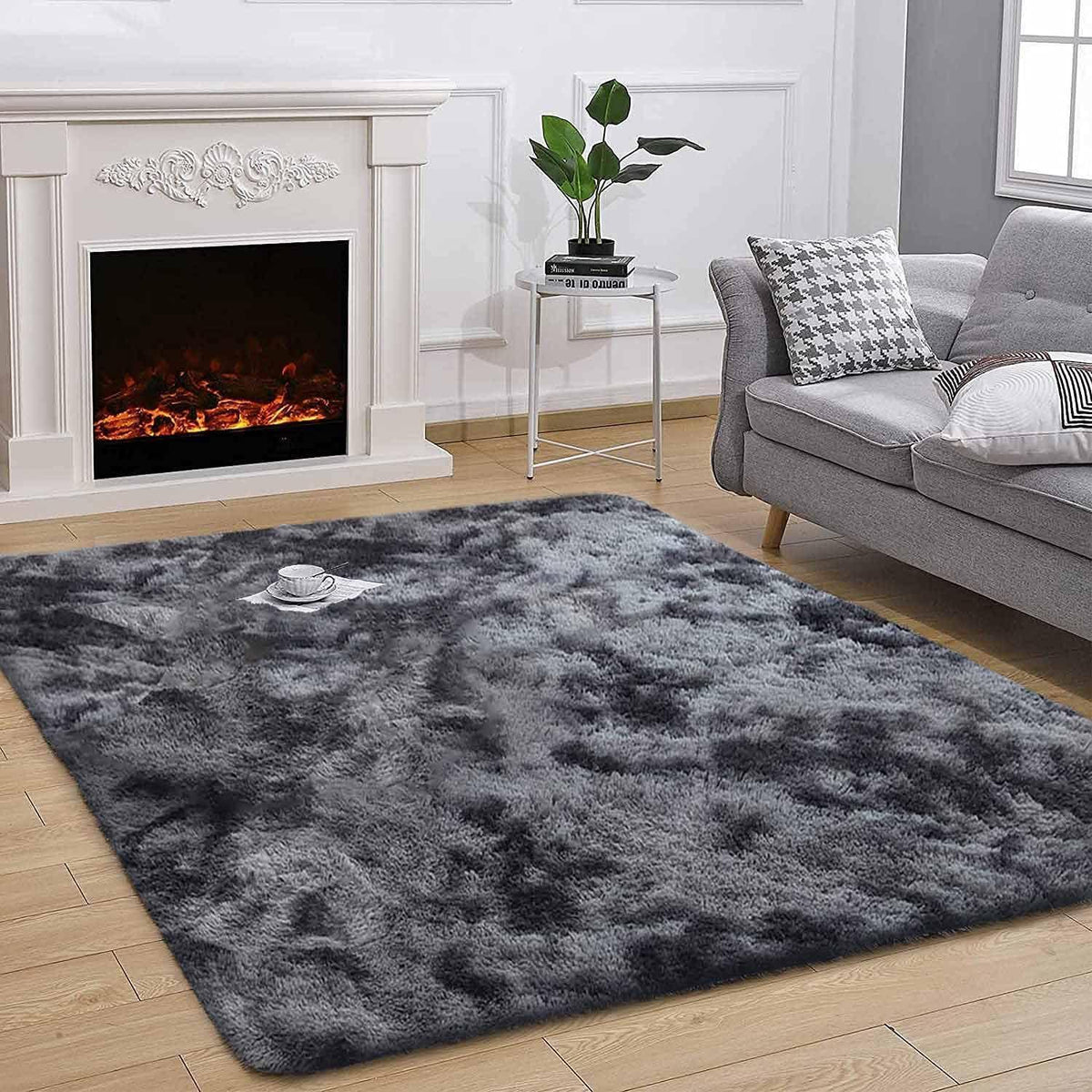 Flauschiger Teppich rund, hochflor, rutschfest, 200x250cm, Schwarz Grau