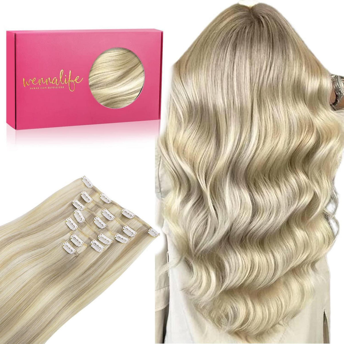 Echthaar Clip-Ins Aschblond Highlights Platinblond 50cm