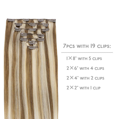 Echthaar Clip-Ins Ash Braun Highlights Goldblond 40cm