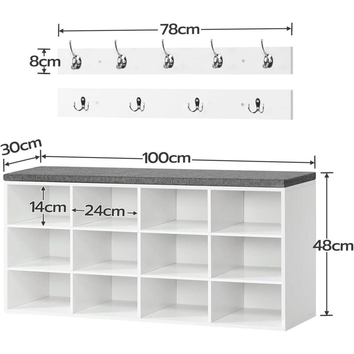 Garderobe mit Schuhbank und 12 Fächern, weiß/grau