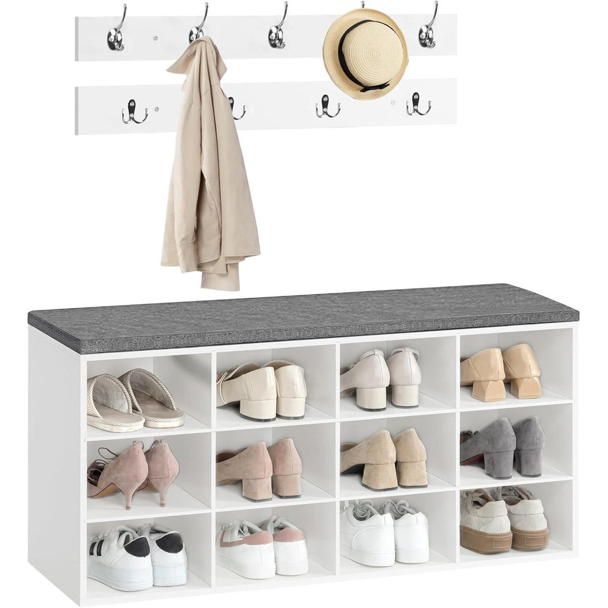Garderobe mit Schuhbank und 12 Fächern, weiß/grau