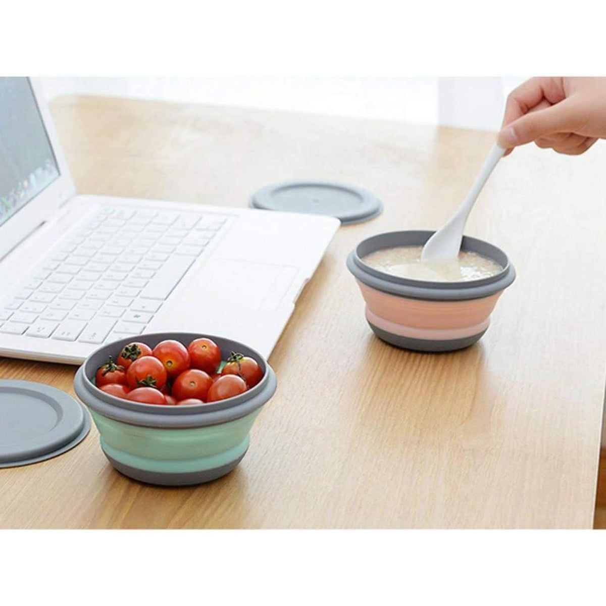Faltbare Silikonschüssel mit Deckel, 3er Set, Pink