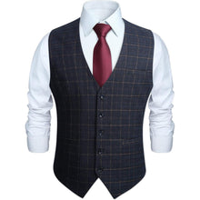 Herren Anzugweste Karo Tweed V-Ausschnitt Verstellbar Marineblau XL