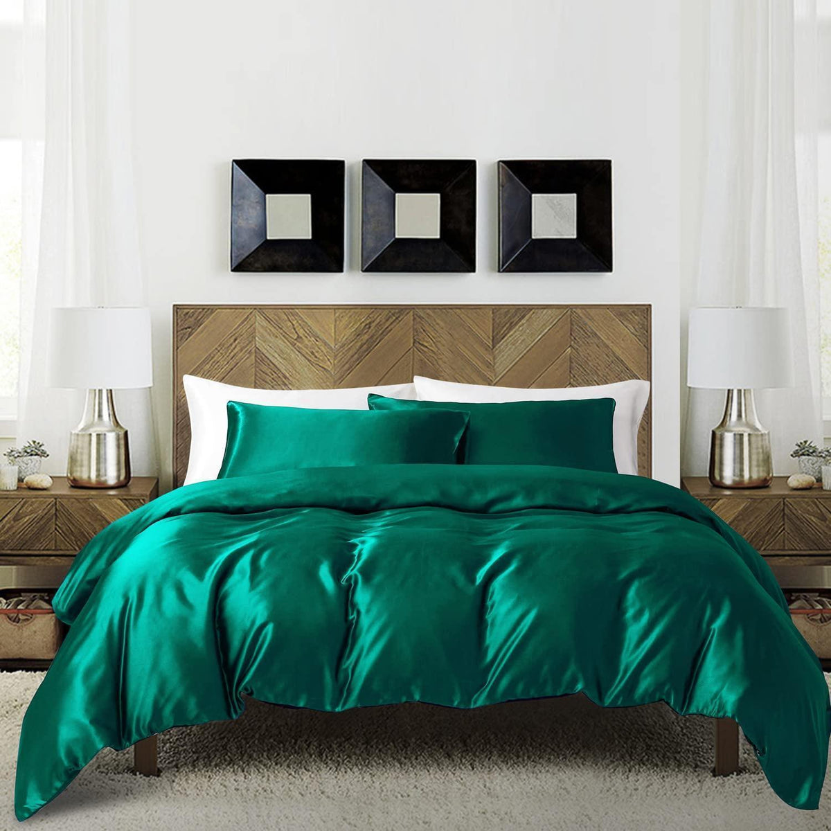 Satin Bettwäsche Set 135x200 Dunkelgrün 4-teilig