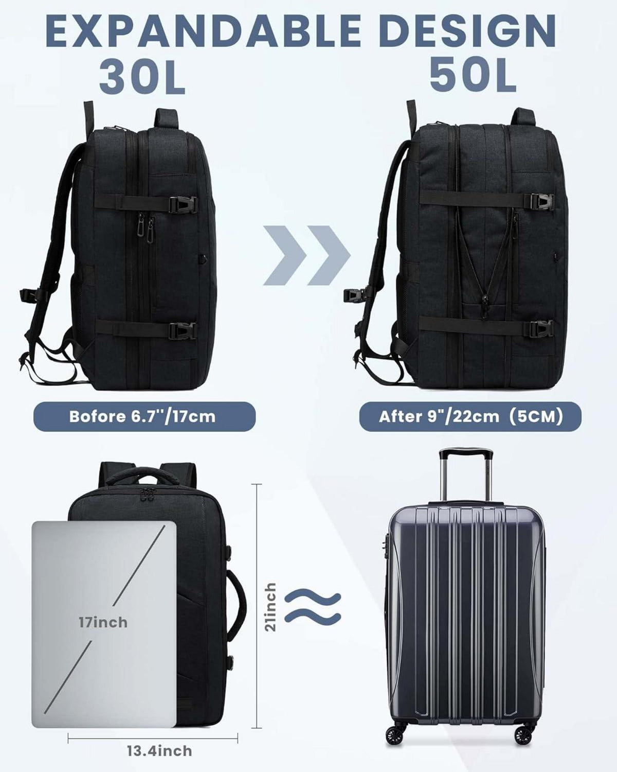 Handgepäck Rucksack 32-50L Erweiterbar Reiserucksack Schwarz