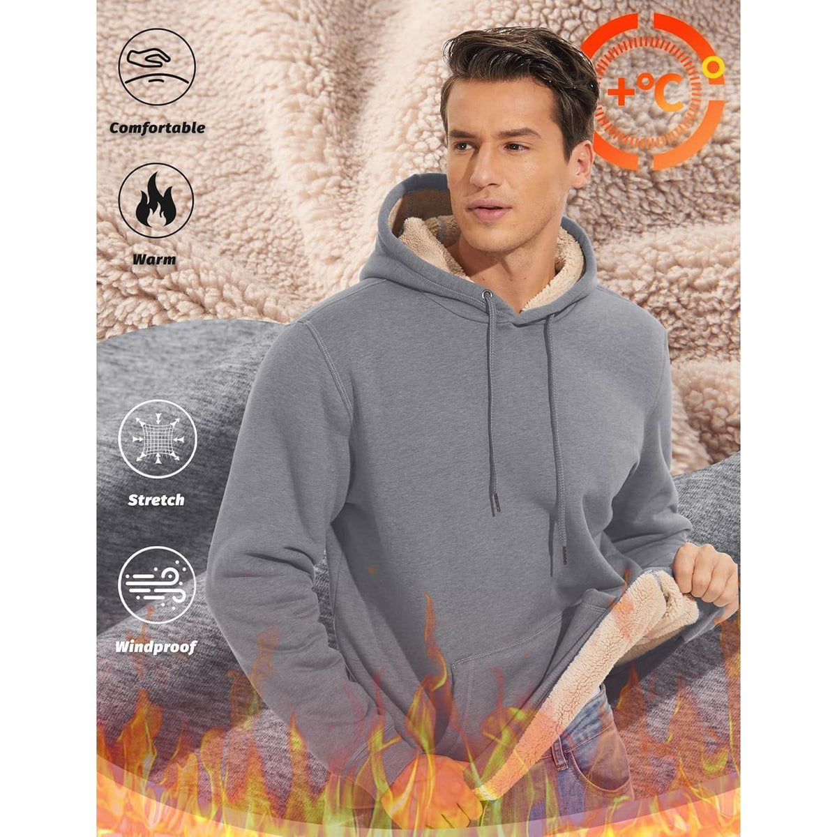 Herren Sherpa Hoodie mit Kängurutasche, warm, winddicht, XXL Hellgrau