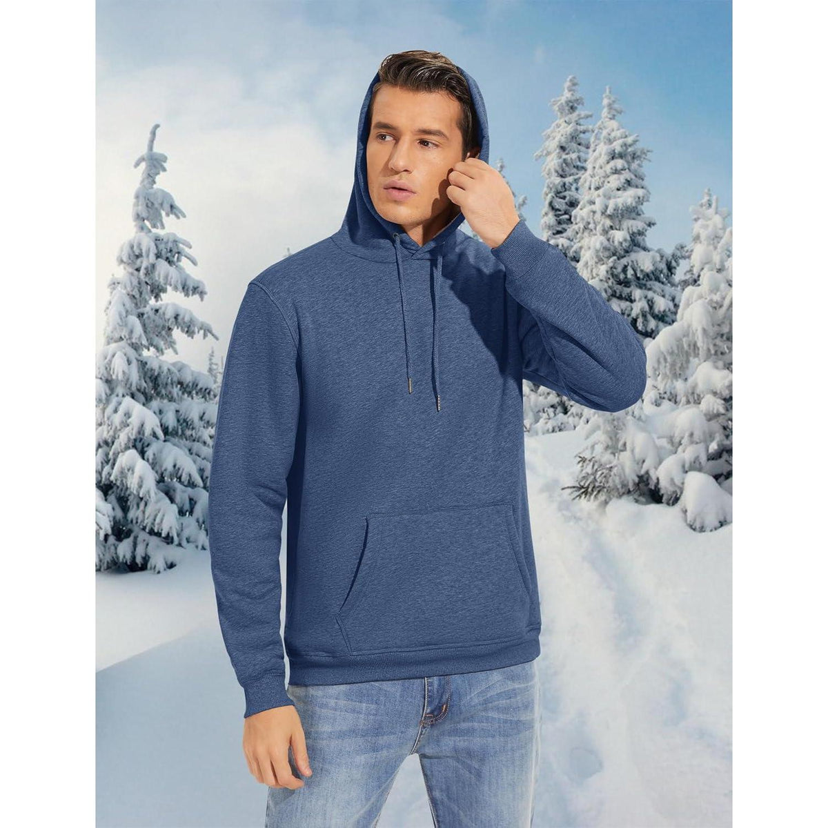 Herren Sherpa Hoodie mit Kängurutasche - Blaugrau