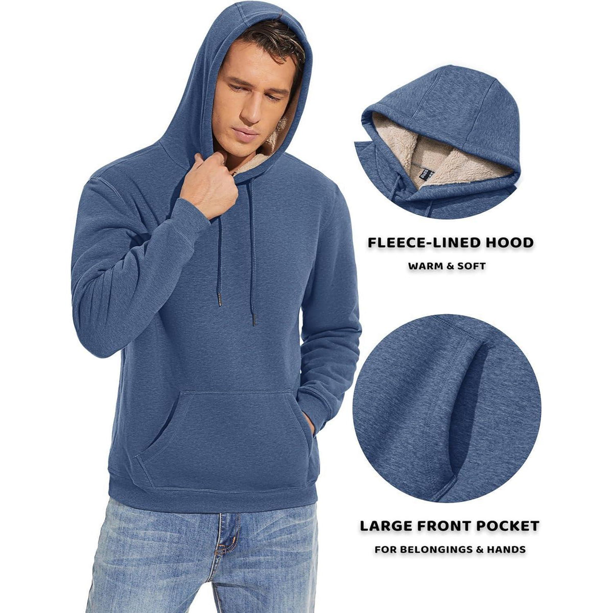 Herren Sherpa Hoodie mit Kängurutasche, Blaugrau XL