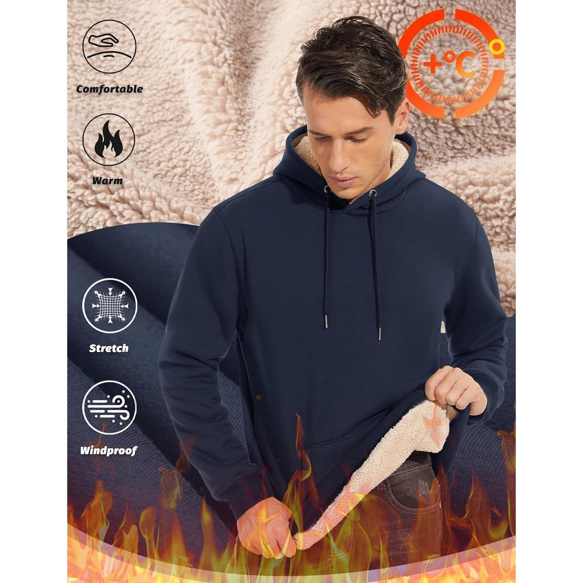 Herren Sherpa Hoodie Dunkelblau L Winter Warm Winddicht