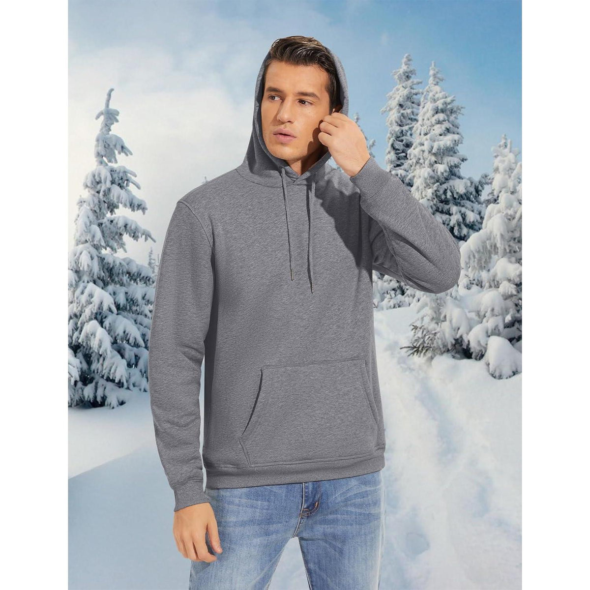 Herren Sherpa Hoodie mit Kängurutasche, warm gefüttert, hellgrau