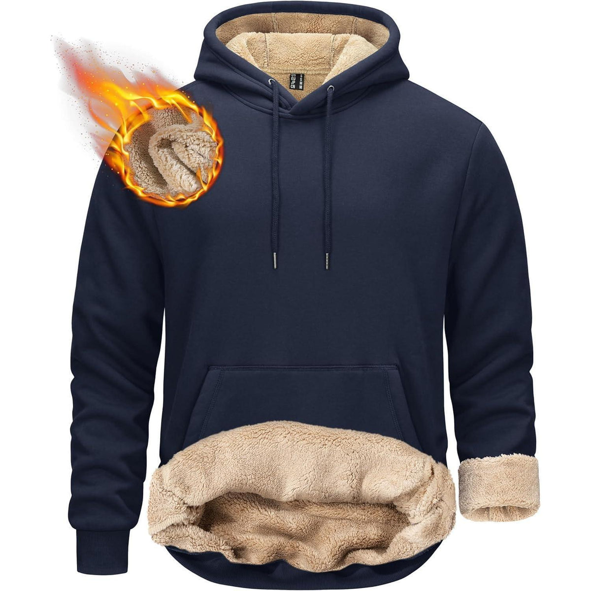 Herren Sherpa Hoodie Dunkelblau Warm Gefüttert Kängurutasche