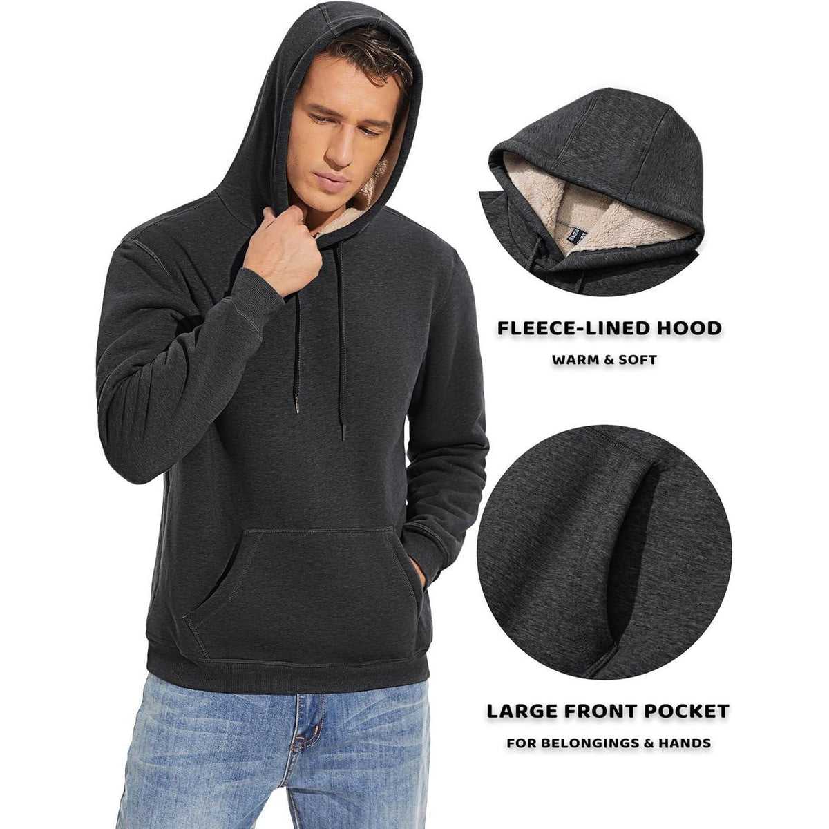 Herren Sherpa Hoodie mit Kängurutasche - Dunkelgrau XL