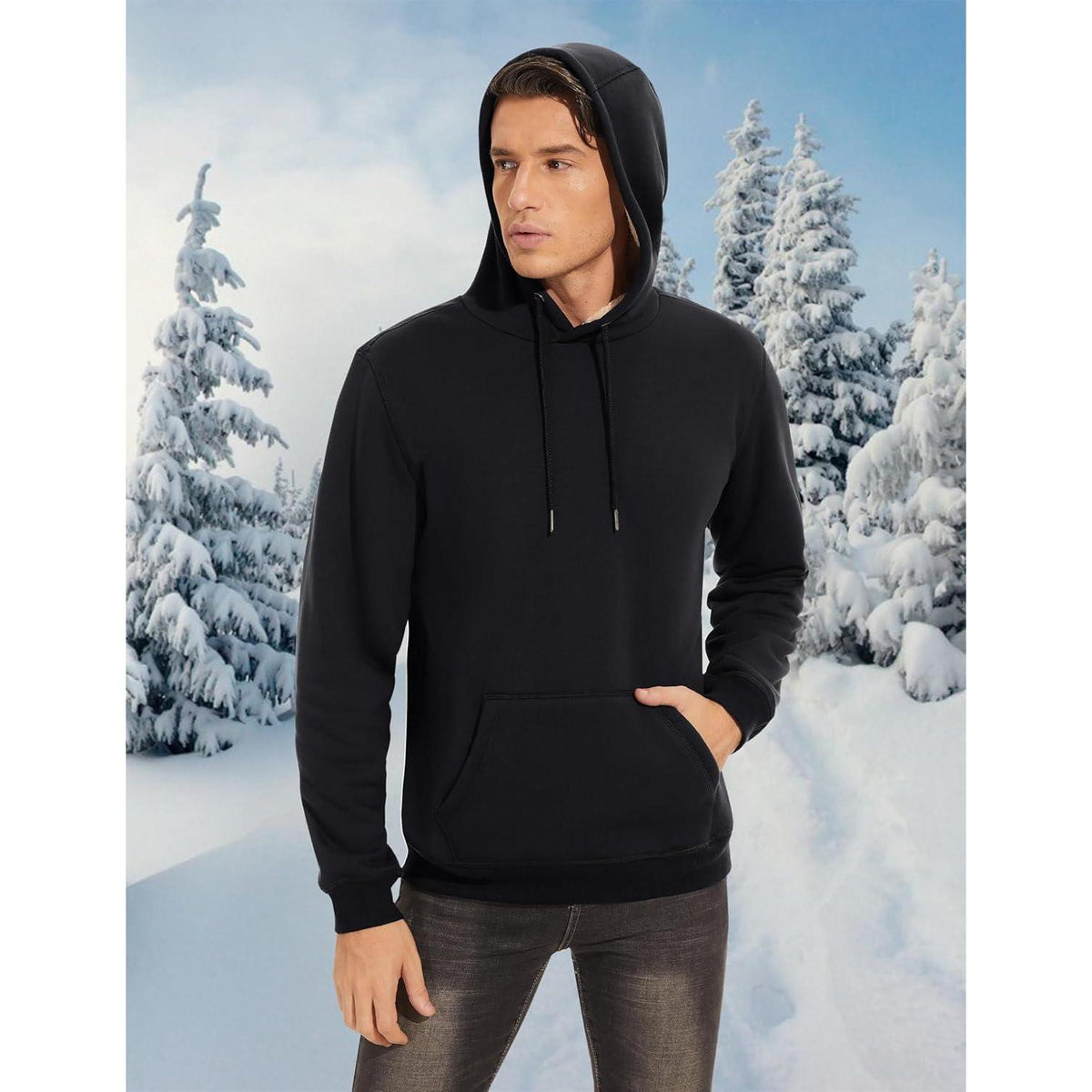 Herren Sherpa Hoodie mit Kängurutasche – Warm & Winddicht – Schwarz, Größe M