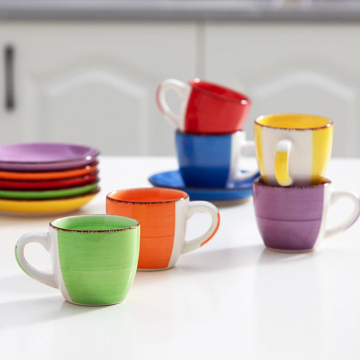 12-teiliges Espresso-Set aus Steingut, bunt, stapelbar, 80ml