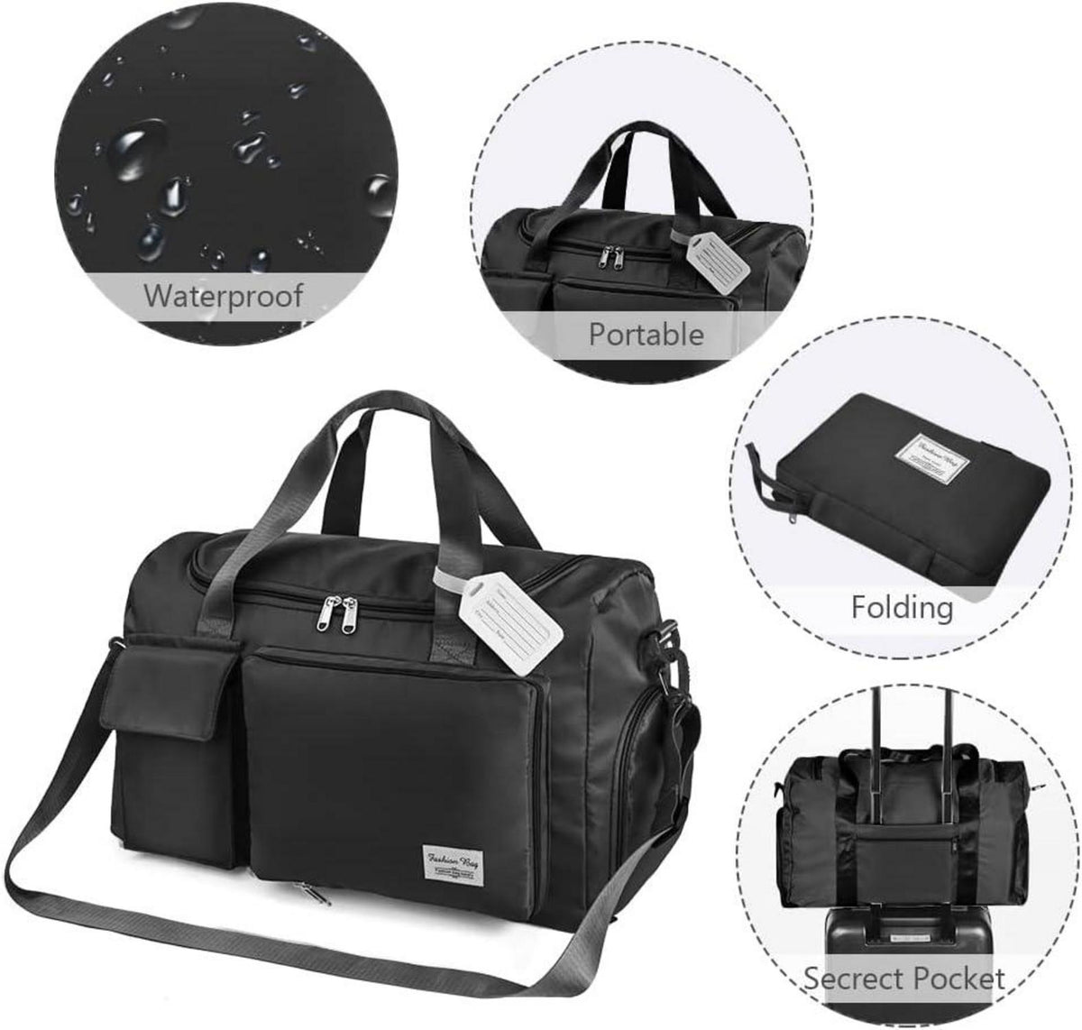 35L Faltbare Reisetasche Große Weekender Schwarz, Wasserdicht