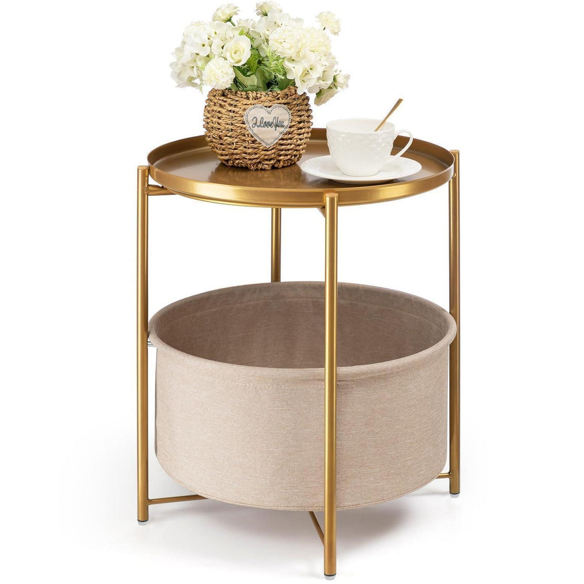 Runder Beistelltisch mit Korb – Gold Gelb, Modern & Vielseitig