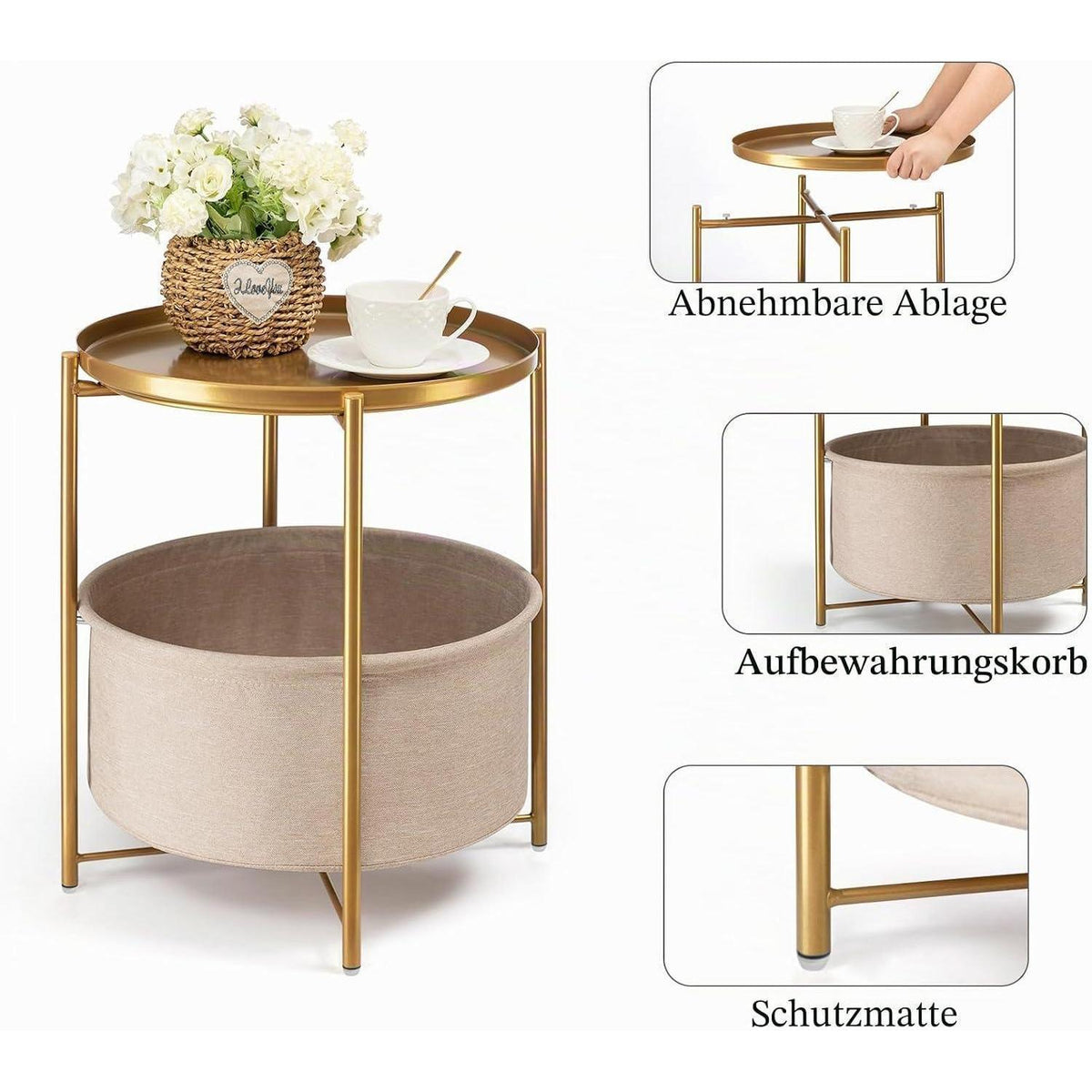 Runder Beistelltisch mit Korb – Gold Gelb, Modern & Vielseitig