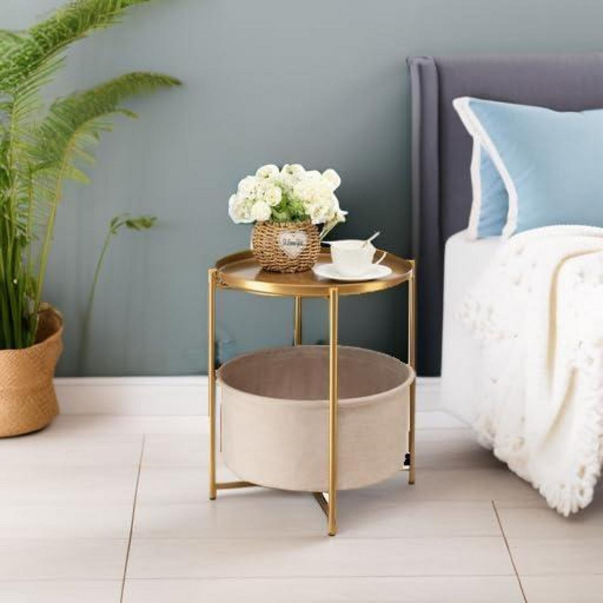 Runder Beistelltisch mit Korb – Gold Gelb, Modern & Vielseitig