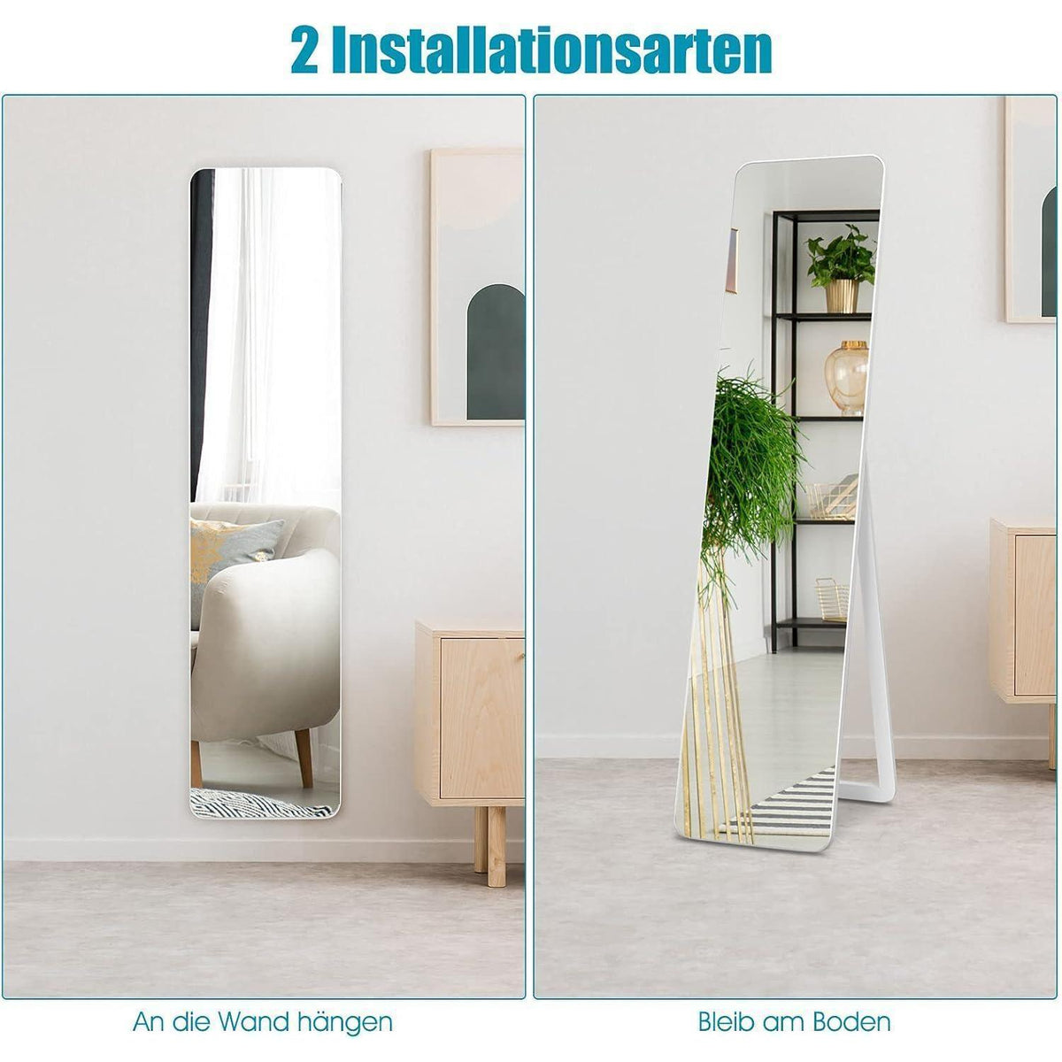 Ganzkörperspiegel 2in1 – Stand- & Wandspiegel mit Holzrahmen, Weiß