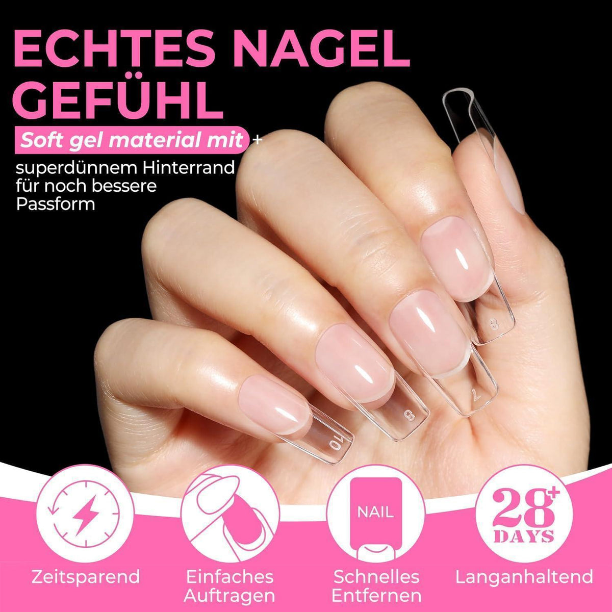 Quadratische Gel Nageltips 216 Stück – 12 Größen für Nagelverlängerung