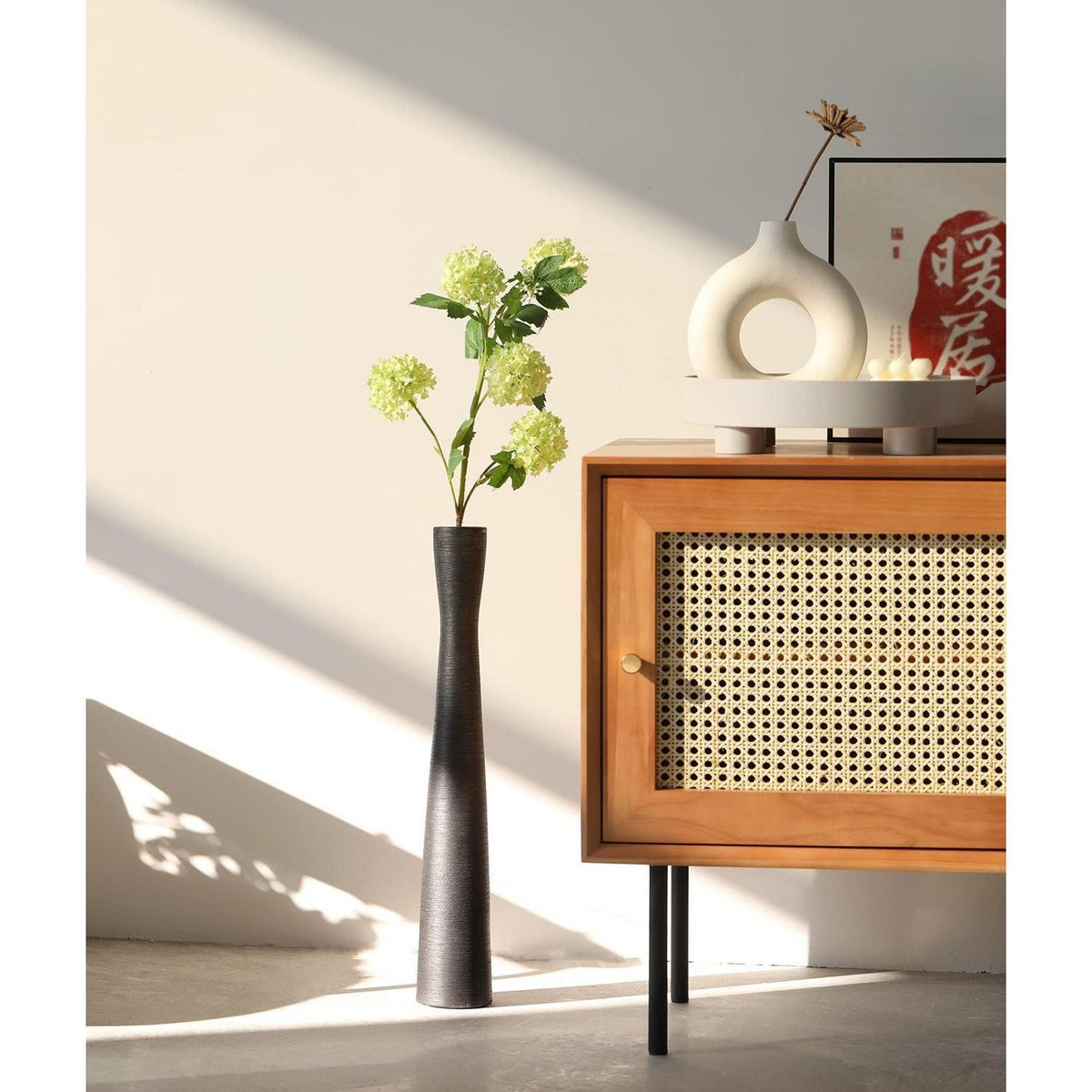 Keramik Bodenvase 50cm Schwarz Hoch Schmal für Trockenblumen