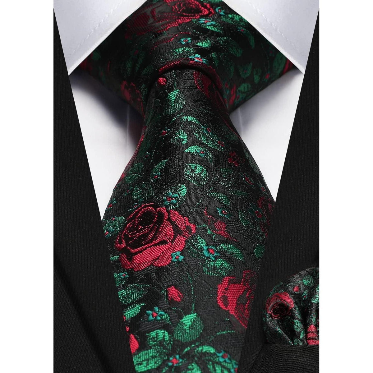 Krawatten-Set mit Einstecktuch, Seide, floral, Y-Schwarz-Rose